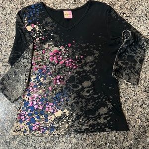 Artsy Teeshirt metallic Pink spots and Blue spots V-neck 3/4 Sleeve Sz L